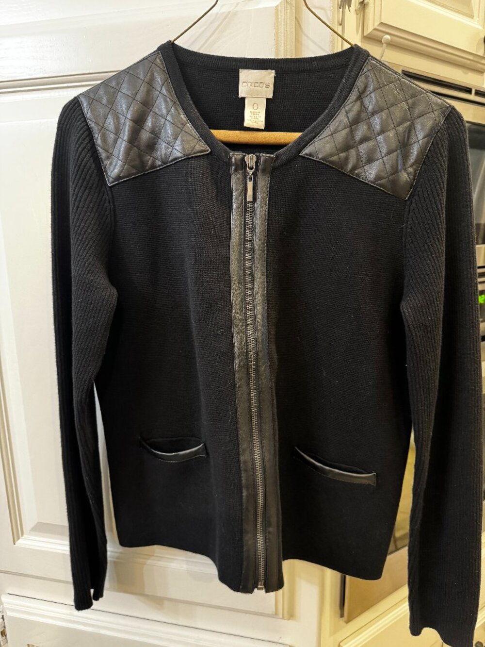 Chico’s Size 0 Black Knit Zip Jacket Faux Leather Quilted Shoulder Moto Cardigan